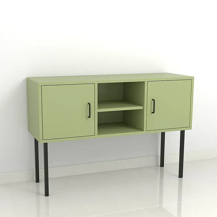 Rei MöbelfußL x B x H: 25 x 25 x 400 mm, Stahl, Schwarz - Grüner Schrank mit schwarzen Beinen. Das Sideboard verfügt über zwei Schränke und zwei offene Regale in der Mitte.