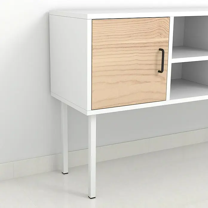 Rei Möbelfuß - L x B x H: 25 x 25 x 400 mm, Stahl, Weiß - Modernes Sideboard in Weiß mit einer Tür aus hellem Holz und einem schwarzen Griff. Stilvolles Möbelstück für Wohnzimmer oder Flur.