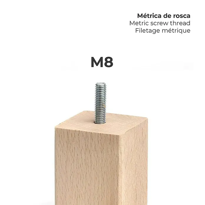 Rei Pata para muebles - L x An x Al: 5 x 5 x 8 cm, Capacidad de carga: 20 kg, Madera - Primer plano de una pata de mueble de madera con un tornillo roscado M8, apto para reparaciones y diseño de muebles.