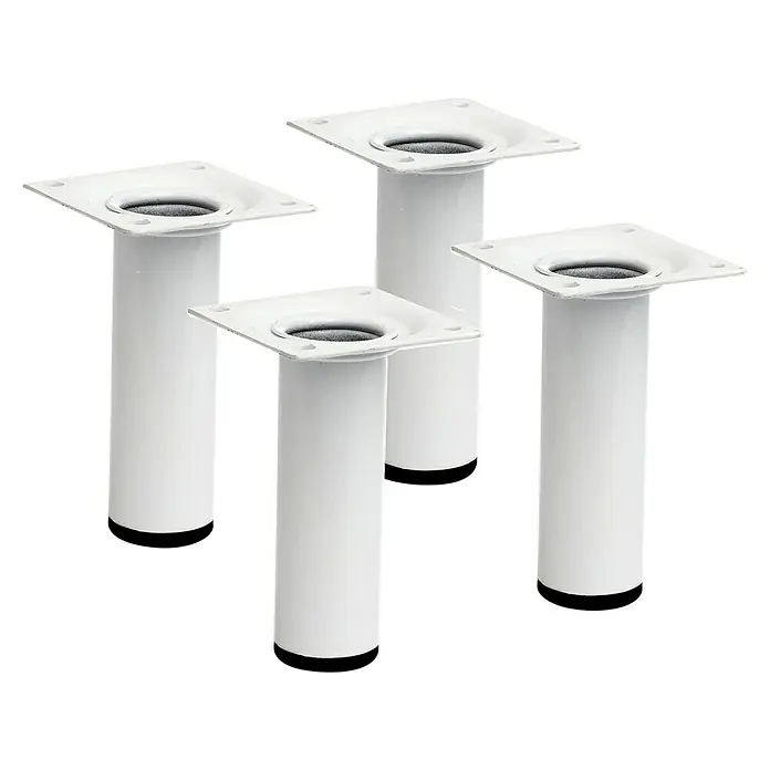 Rei Möbelfuß-Set - Ø x H: 3 cm x 100 mm, Stahl, 4 Stk., Weiß - Vier weiße, zylindrische Tischbeine mit quadratischen Montageplatten, ideal für Möbelprojekte und DIY-Enthusiasten.