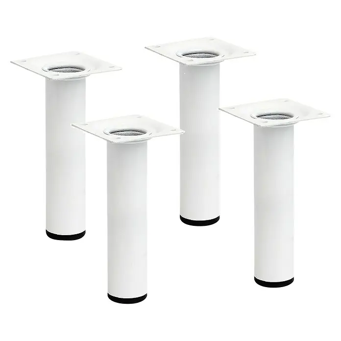 Rei Möbelfuß-Set - Ø x H: 3 cm x 150 mm, Stahl, 4 Stk., Weiß - Das Bild zeigt vier weiße, zylindrische Möbelfüße mit quadratischen Montageplatten vor einem schwarzen Hintergrund.
