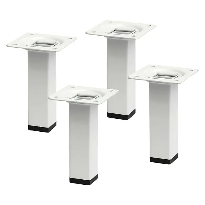 Rei Möbelfuß-Set - L x B x H: 25 x 25 x 100 mm, Stahl, 4 Stk., Weiß - Vier weiße Möbelfüße mit quadratischer Montageplatte und Gummischutz am Boden, ideal für Möbelreparaturen und -gestaltungen.