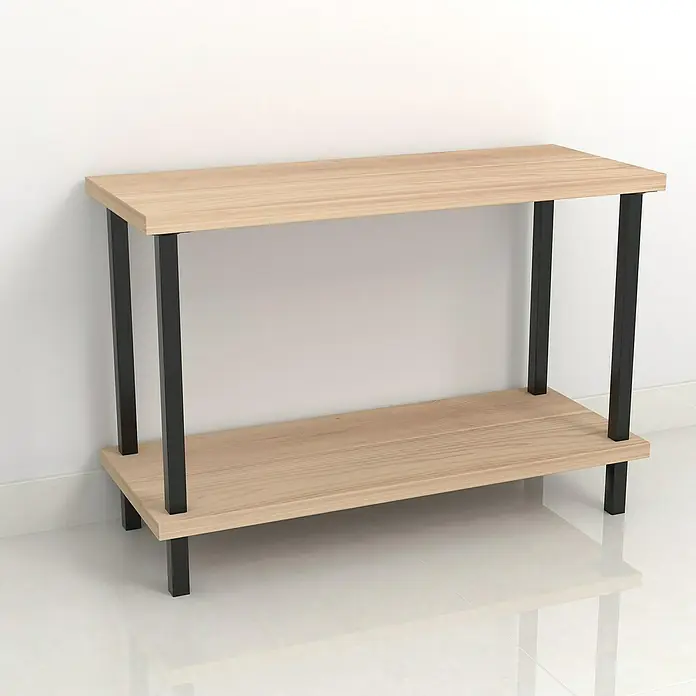 Rei MöbelfußL x B x H: 25 x 25 x 400 mm, Stahl, Schwarz - Schmaler Konsolentisch aus hellem Holz mit schwarzem Metallgestell und zwei Ablageflächen.