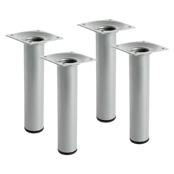 Rei Möbelfuß-Set - Ø x H: 3 cm x 150 mm, Stahl, 4 Stk., Silber - Vier Tischbeine aus Metall. Die Tischbeine sind silberfarben und haben eine quadratische Montageplatte.