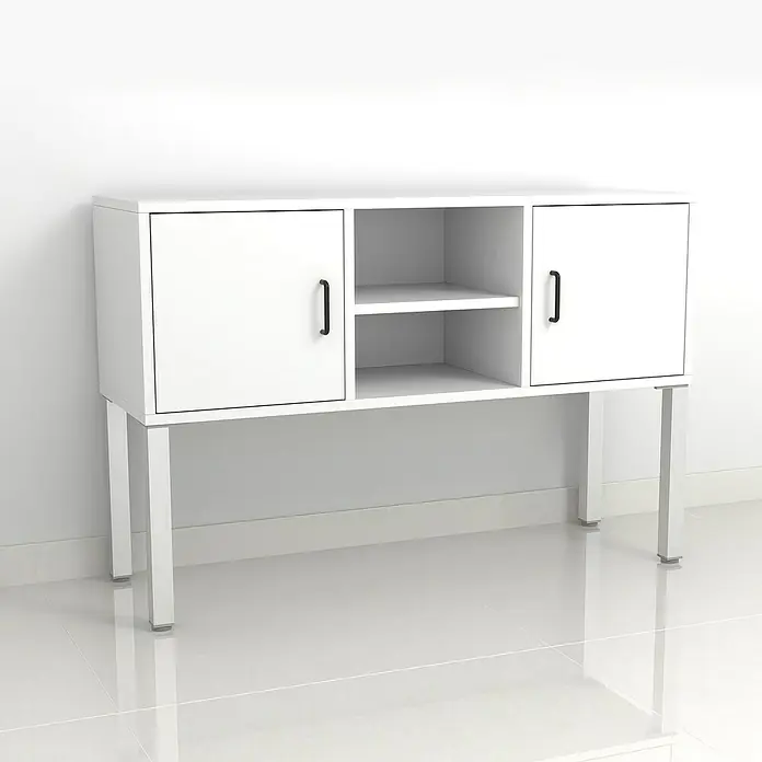 Rei Möbelfuß - L x B x H: 25 x 25 x 400 mm, Stahl, Weiß - Schrank mit zwei Türen und einem offenen Regal in der Mitte, ideal für Wohnzimmer oder Büro. Zeitloses Design, das sich gut in jede Einrichtung einfügt.