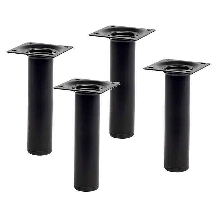 Rei Möbelfuß-Set - Ø x H: 3 cm x 150 mm, Stahl, 4 Stk., Schwarz - Abbildung von vier schwarzen Möbelfüßen mit quadratischen Befestigungsplatten, die für Stabilität und modernes Design sorgen.