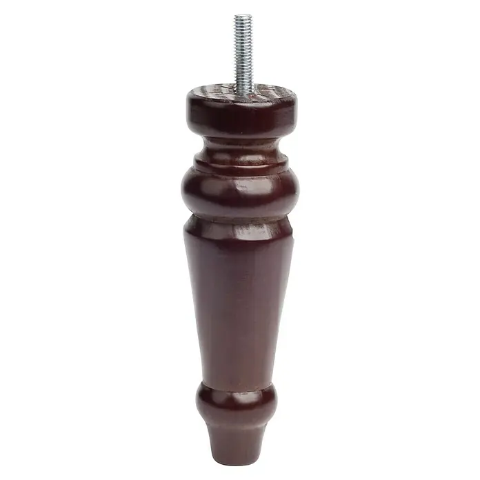 Rei Pata para muebles - Ø x Al: 4,7 x 15 cm, Capacidad de carga: 250 kg, Madera, Marrón - Primer plano de una pata de mueble marrón con perno roscado. Ideal para proyectos de bricolaje y restauración de muebles.