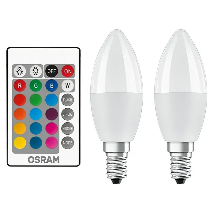 Osram LED-Lampen Set Kerzenform E14 2er Set mit Fernbedienung und Farbsteuerung - E14, Dimmbar, RGBW, 470 lm, 4,9 W - Bild von zwei OSRAM LED-Lampen mit Fernbedienung zur Steuerung von Farbe und Helligkeit, ideal für stimmungsvolle Beleuchtung.