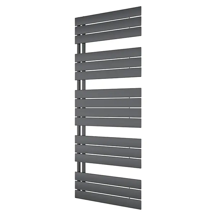Ximax Designheizkörper P2 Open - B x H: 600 x 1.495 mm, Wärmeleistung bei Vorlauftemperatur von 75 °C (D: 50): 872 W, Anthrazit - Ein grauer Handtuchwärmer mit horizontalen Sprossen und vertikalen Stützen ist auf schwarzem Hintergrund zu sehen. Ideal fürs Badezimmer.
