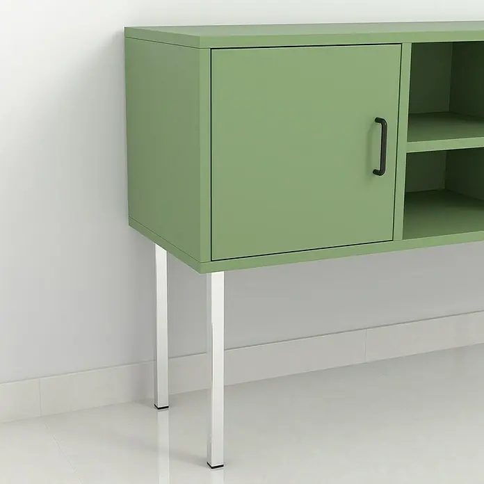 Rei Möbelfuß - L x B x H: 25 x 25 x 400 mm, Stahl, Silber - Grüner Schrank mit Tür und Regalen, stehend auf schlanken, silbernen Beinen. Stilvolles Möbelstück für modernes Interieur.