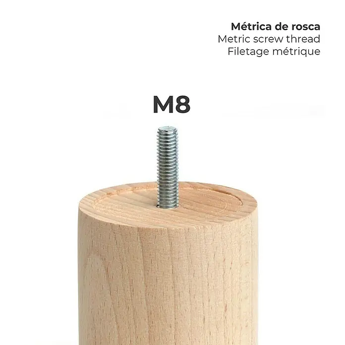 Rei Pata para muebles - L x An x Al: 6,5 x 6,5 x 8 cm, Capacidad de carga: 20 kg, Madera - Primer plano de una pata de mueble de madera con roscado métrico M8, ideal para proyectos de bricolaje y reparaciones de muebles.