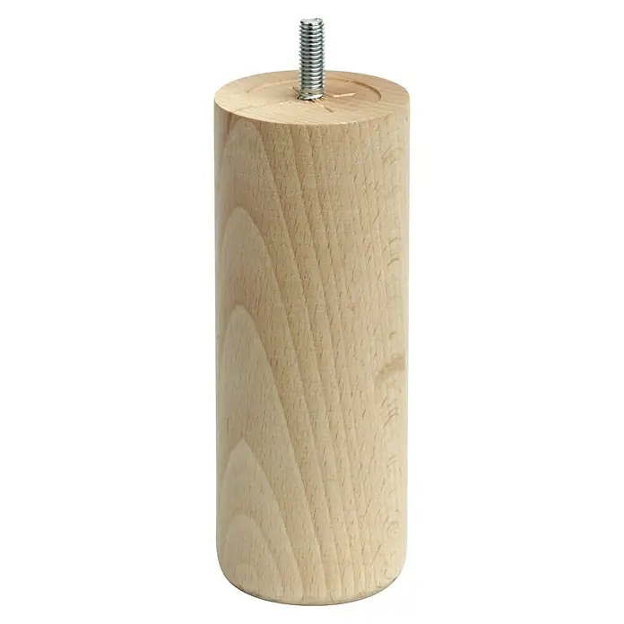 Rei Pata para muebles - L x An x Al: 5,8 x 5,8 x 15 cm, Capacidad de carga: 20 kg, Madera - Primer plano de una pata de mueble cilíndrica de madera clara con un perno roscado en la parte superior.