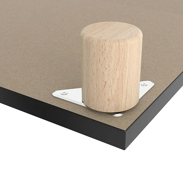 Rei Pata para muebles - L x An x Al: 6,5 x 6,5 x 8 cm, Capacidad de carga: 20 kg, Madera - Primer plano de una pata de mueble redonda de madera unida a una mesa con un soporte de metal.