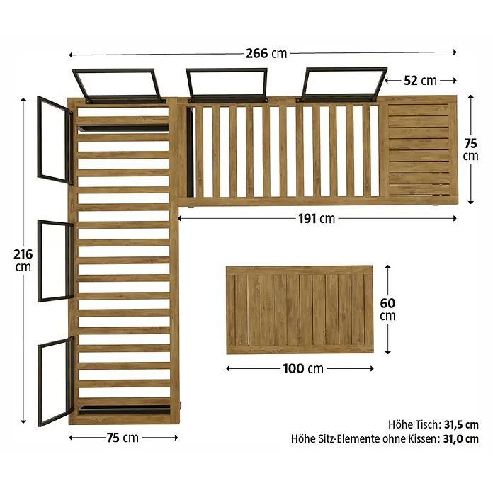 Sunfun Zoe Loungemöbel-Set - 3 -tlg., Teak/Stahl, Dunkelgrau - Draufsicht der Gartengarnitur aus Holz mit Maßen und Details, ideal für den Außenbereich.