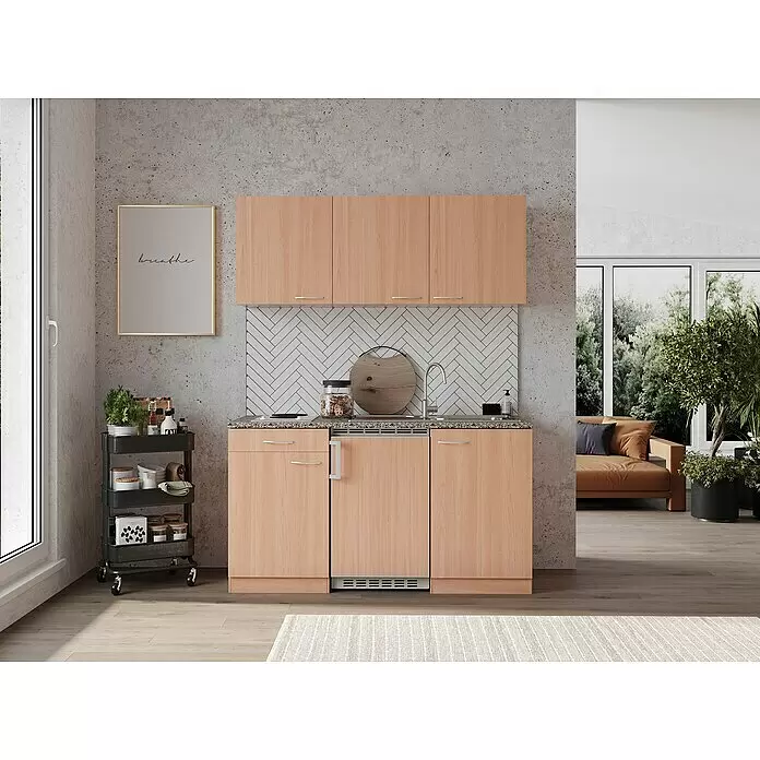 Respekta Singleküche Gerda - 150 cm, Braun, Mit Duo-Kochmulde - Kompakte Küchenzeile mit hellen Holzschränken, gesprenkelter grauer Arbeitsplatte und weißem Fischgrät-Spritzschutz in modernem Interieur.