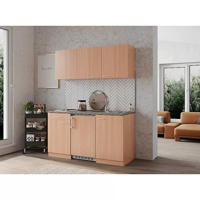Respekta Singleküche Gerda - 150 cm, Braun, Mit Duo-Kochmulde - Kompakte Küchenzeile mit hellen Holzschränken und gesprenkelter grauer Arbeitsplatte, inklusive Spüle.