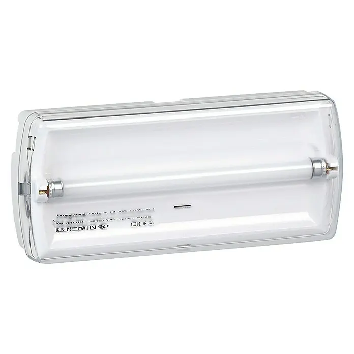 Legrand Luz de emergencia Ura 21 NP 70 - L x An x Al: 5,7 x 29,1 x 15 cm - Primer plano de una luz de emergencia blanca con cubierta transparente y un tubo fluorescente en el interior.