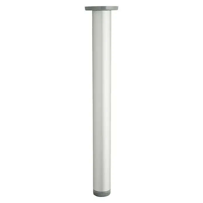 Rei Möbelfuß - Ø x H: 4,5 cm x 400 mm, Aluminium - Eine Nahaufnahme eines weißen, zylindrischen Tischbeins mit grauen Beschlägen oben und unten.