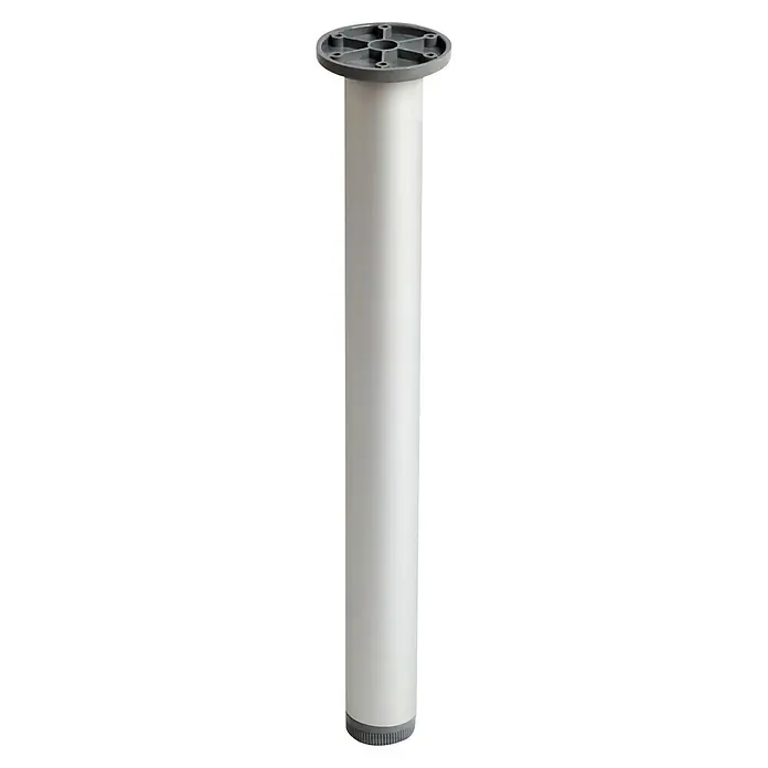 Rei Möbelfuß - Ø x H: 4,5 cm x 400 mm, Aluminium - Nahaufnahme eines weißen Möbelfußes mit grauer Montageplatte und verstellbarem Fuß für verschiedene Möbelstücke.