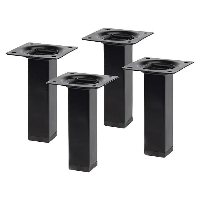 Rei Möbelfuß-Set - L x B x H: 25 x 25 x 100 mm, Stahl, 4 Stk., Schwarz - Vier schwarze Möbelfüße aus Metall mit quadratischer Basisplatte, ideal für Möbelprojekte.