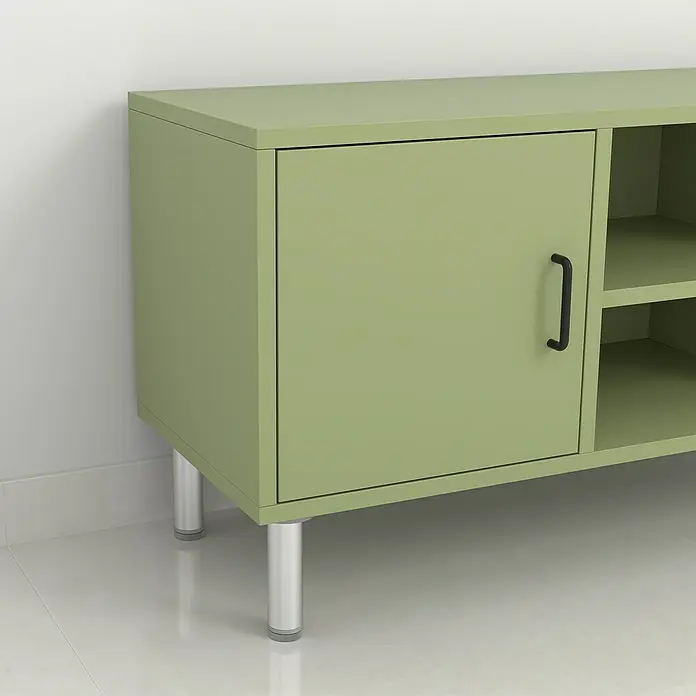 Rei Möbelfuß - Ø x H: 4,5 cm x 150 mm, Aluminium - Grüner Schrank mit Tür und Regalen, stehend auf silbernen Beinen. Perfekt für die Aufbewahrung und als stilvolles Möbelstück.