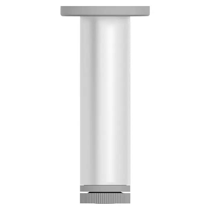 Rei Möbelfuß - Ø x H: 4,5 cm x 150 mm, Aluminium - Nahaufnahme eines modernen, silberfarbenen Möbelfußes mit einem eleganten, zylindrischen Design und einer geriffelten Basis für Stabilität.