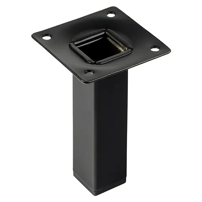 Rei Möbelfuß-Set - L x B x H: 25 x 25 x 100 mm, Stahl, 4 Stk., Schwarz - Schwarzes, quadratisches Möbelfußdetail mit Montageplatte für einfache Installation und stabilen Halt.