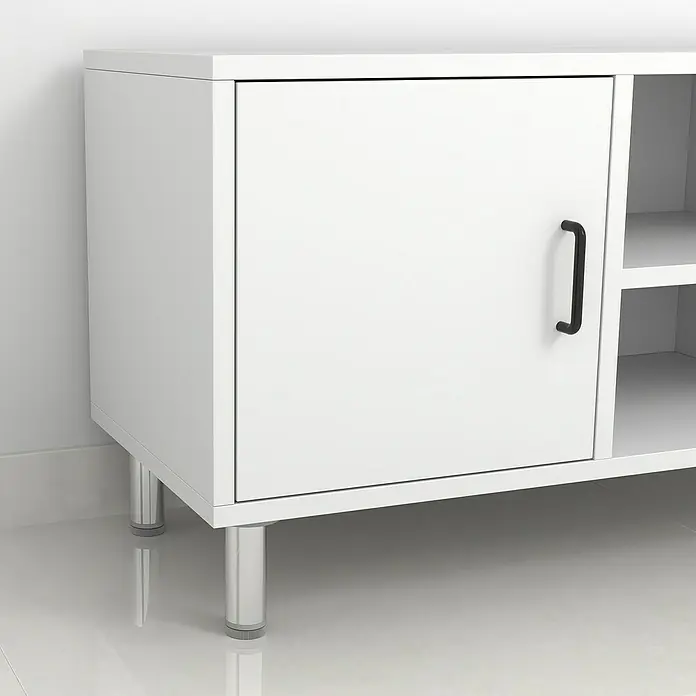 Rei Möbelfuß - Ø x H: 4,5 cm x 120 mm, Aluminium - Nahaufnahme eines weißen Sideboards mit Metallbeinen und einer schwarzen Griffstange an der Tür.