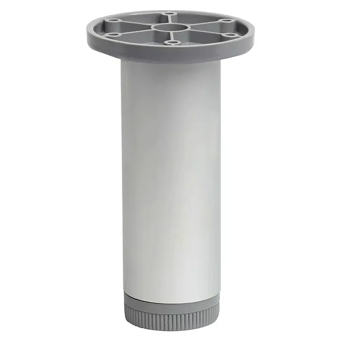 Rei Möbelfuß - Ø x H: 4,5 cm x 150 mm, Aluminium - Nahaufnahme eines silberfarbenen Möbelfußes mit grauem Abschluss und Montageplatte. Ideal für Möbeldesigns.