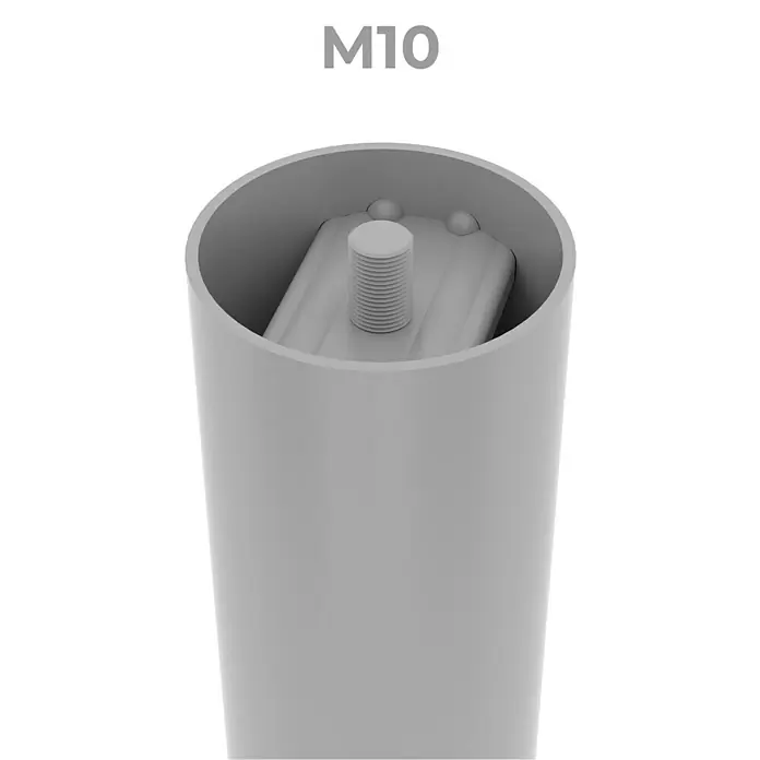 Rei Möbelfuß - Ø x H: 8 cm x 710 mm, Stahl, Silber - Produktansicht eines M10-Einsatzes für Möbelbeine, der eine einfache und stabile Befestigung ermöglicht.