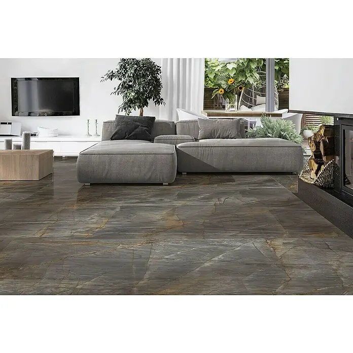 Feinsteinzeugfliese Theodis - L x B: 60 x 120 cm, Beige/Grau, Glänzend - Einrichtung mit edlen, großformatigen Bodenfliesen in Marmoroptik, die dem Raum ein luxuriöses und modernes Flair verleihen.
