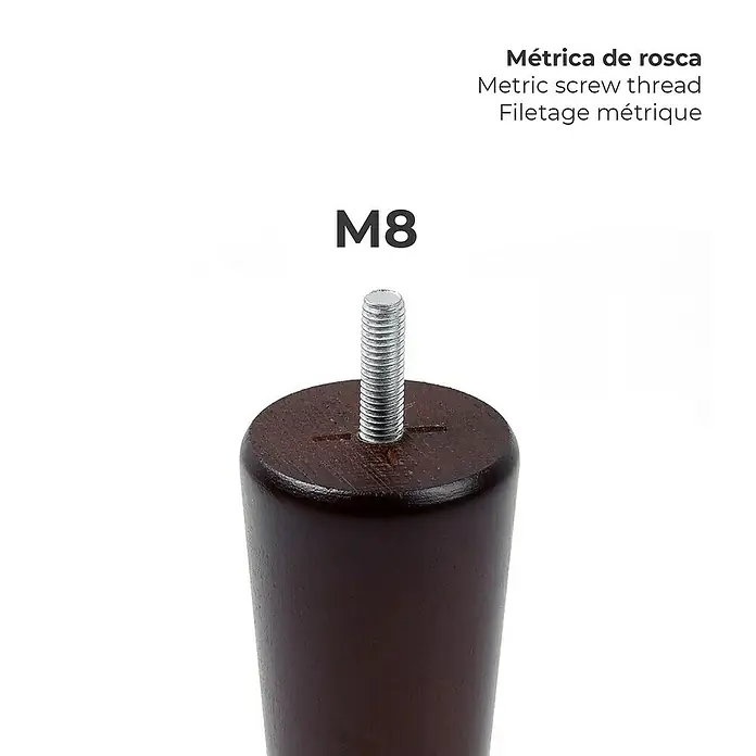 Rei Pata para muebles Cónica - Ø x Al: 5 x 15 cm, Capacidad de carga: 150 kg, Madera, Tinte oscuro - Primer plano de una rosca M8 en una pata de mueble, que muestra la rosca métrica.