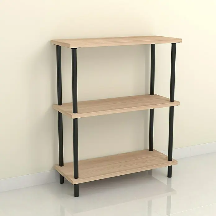 Rei Möbelfuß-Set - Ø x H: 3 cm x 100 mm, Stahl, 4 Stk., Schwarz - Dreistufiges Bücherregal aus hellem Holz und schwarzen Metallbeinen, ideal für jedes moderne Zuhause. Bietet viel Stauraum.