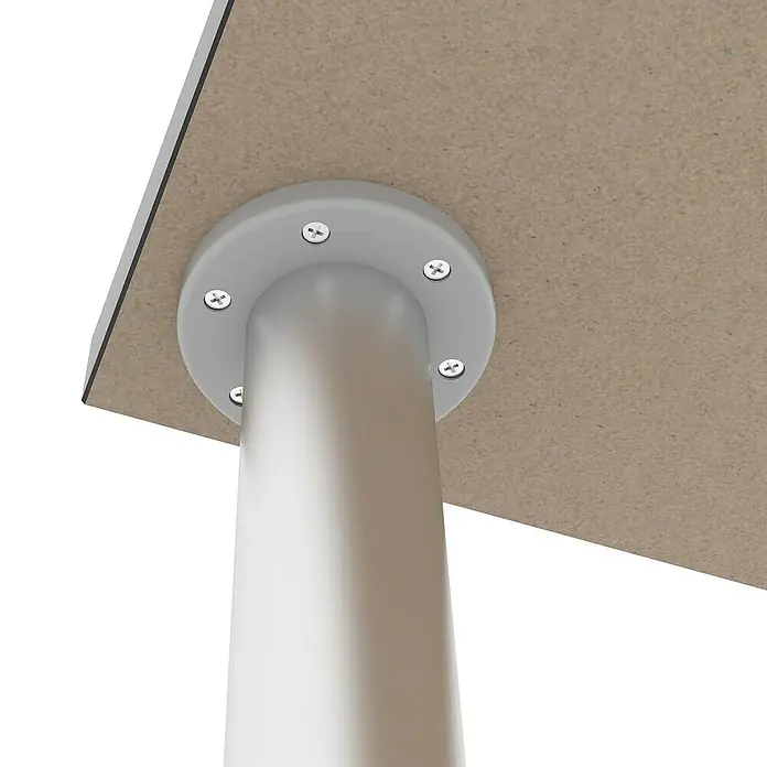 Rei Möbelfuß - Ø x H: 4,5 cm x 200 mm, Aluminium - Detailaufnahme eines Tisches mit grauem Tischbein und Schrauben an der Befestigungsplatte.