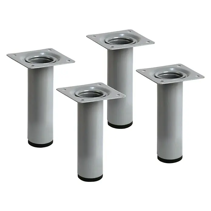Rei Möbelfuß-Set - Ø x H: 3 cm x 100 mm, Stahl - Vier Möbelfüße aus Metall mit quadratischer Montageplatte und grauer Oberfläche, ideal für Tische oder Schränke.