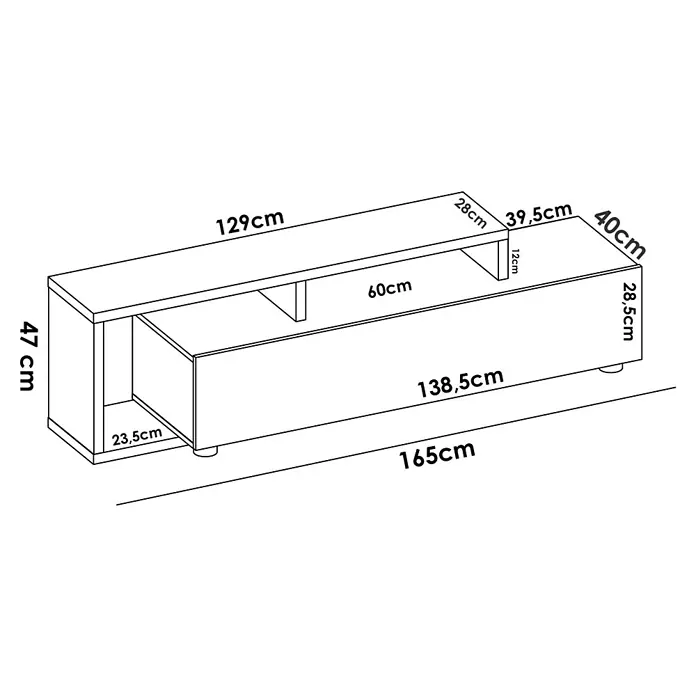 Dekit Mueble para TV Kram - L x An x Al: 40 x 165 x 47 cm, Roble Nordic/Grafito - Una ilustración esquemática de un mueble de TV moderno con varias medidas, ideal para salas de estar y áreas multimedia.