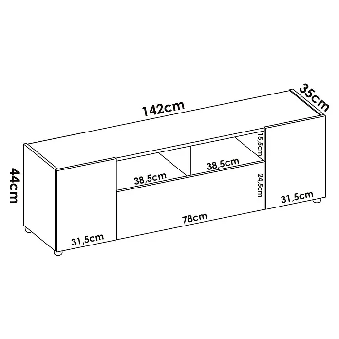 Dekit Mueble para TV Isola - L x An x Al: 35 x 142 x 44 cm, Roble Nordic/Blanco - Vista isométrica de un mueble de TV con dimensiones de 142cm de largo, 44cm de alto y 35cm de profundidad.