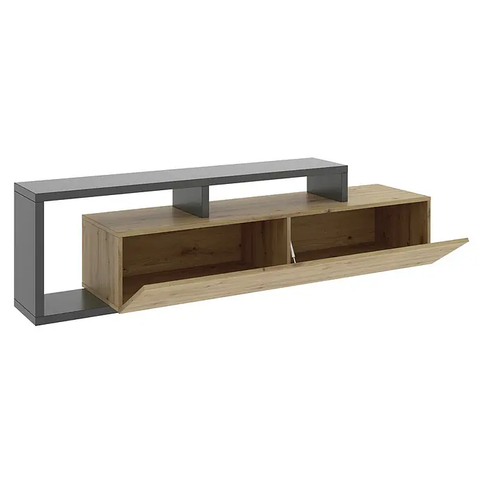 Dekit Mueble para TV Kram - L x An x Al: 40 x 165 x 47 cm, Roble Nordic/Grafito - Mueble de TV moderno con aspecto de madera y estructura gris. El mueble bajo ofrece espacio de almacenamiento y una solapa abierta.