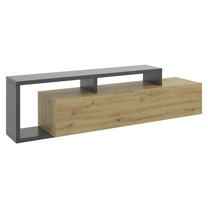 Dekit Mueble para TV Kram - L x An x Al: 40 x 165 x 47 cm, Roble Nordic/Grafito - Mueble bajo moderno en aspecto de madera y gris. Este mueble de TV ofrece un almacenamiento elegante para sala de estar o sala multimedia.