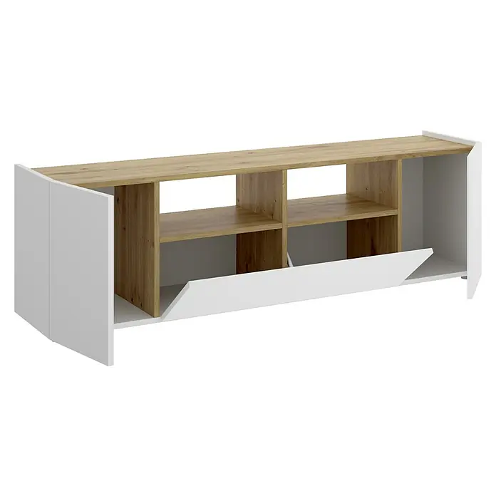 Dekit Mueble para TV Isola - L x An x Al: 35 x 142 x 44 cm, Roble Nordic/Blanco - Mueble bajo moderno en blanco y aspecto de madera con compartimentos abiertos y una solapa. Ideal para el salón para un almacenamiento elegante.