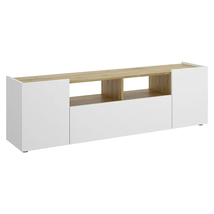 Dekit Mueble para TV Isola - L x An x Al: 35 x 142 x 44 cm, Roble Nordic/Blanco - Un aparador moderno en blanco y aspecto de madera con estantes abiertos y compartimentos cerrados, perfecto para un almacenamiento elegante en el salón.