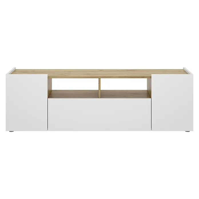 Dekit Mueble para TV Isola - L x An x Al: 35 x 142 x 44 cm, Roble Nordic/Blanco - Un aparador elegante en blanco y aspecto de madera con dos puertas y compartimentos abiertos en el medio, ideal para espacios modernos.
