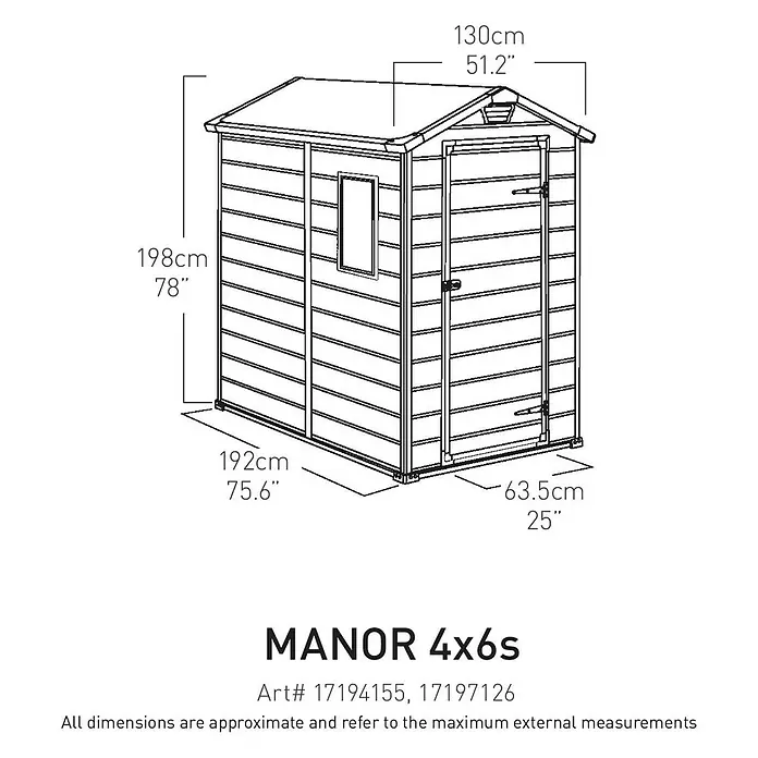 Keter Gerätehaus Manor 4x6 - Außenmaß inkl. Dachüberstand (B x T): 130 x 192 cm, Kunststoff, Anthrazit/Weiß - Abbildung des Manor 4x6s Gartenhauses mit Maßangaben zu Höhe, Breite und Tiefe.