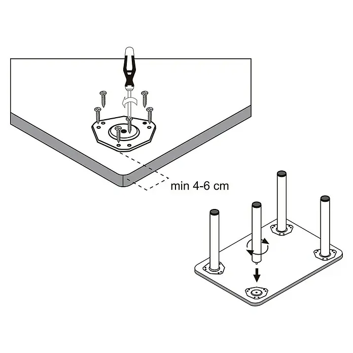 Rei Verbundplatte - L x B x H: 12 x 13 x 1,2 cm, Verchromt - Illustration einer Montageanleitung für ein Möbelstück, das Schrauben und eine Schraubendreher verwendet.