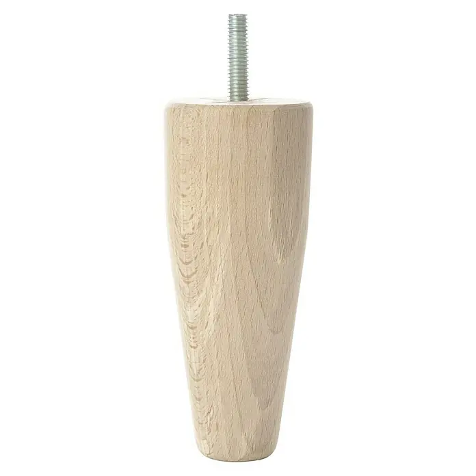 Rei Möbelfuß - Holz, Ø x L: 5 x 12 cm, Unbehandelt - Nahaufnahme eines Möbelfußes aus Holz mit Gewindebolzen. Das helle Holz und das Metallgewinde sind deutlich sichtbar.
