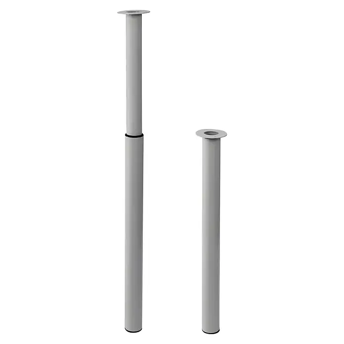 Rei Teleskop-Möbelfuß - Durchmesser: 6 cm, Höhenverstellung: 70 cm - 110 cm, Aluminium - Abgebildete sind zwei graue Rohrpfosten mit Flansch. Der eine Rohrpfosten ist in zwei Teile geteilt und etwas höher als der andere.