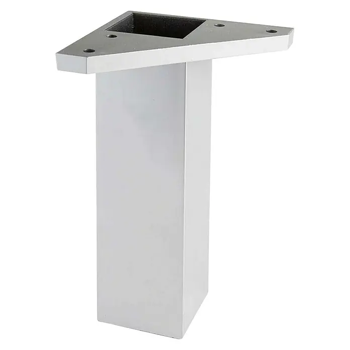 Rei Möbelfuß - L x B x H: 4 x 8 x 15 cm, Kunststoff, Aluminium, 1 Stk. - Produktansicht einer weißen Tischbeinhalterung mit dreieckiger Platte und quadratischer Basis für Tische.