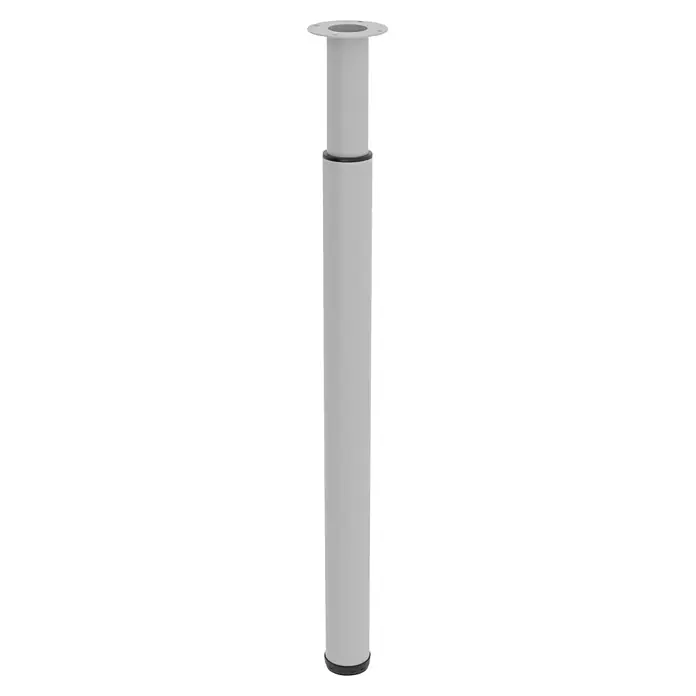 Rei Teleskop-Möbelfuß - Durchmesser: 6 cm, Höhenverstellung: 70 cm - 110 cm, Aluminium - Nahaufnahme eines schlanken, grauen Produkts mit einer runden Basis und einer flachen Oberseite, das auf einem schwarzen Hintergrund platziert ist.