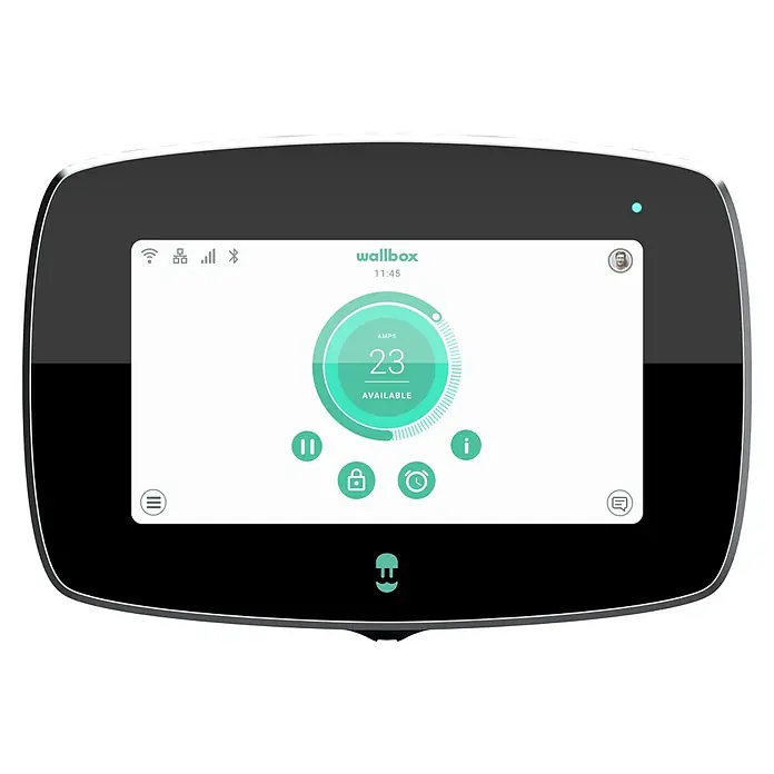 Wallbox Cargador para automóvil Commander 2 - 22 kW, 32 A, Negro - Cargador inteligente Wallbox con pantalla que muestra información de amperaje y disponibilidad. Ideal para una carga rápida y segura de vehículos eléctricos.