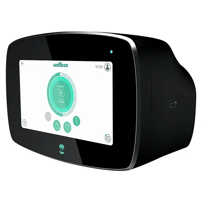 Wallbox Cargador para automóvil Commander 2 - 22 kW, 32 A, Negro - Primer plano de un cargador Wallbox, con una pantalla que muestra información del estado de carga, como amperios e indicadores de preparación.